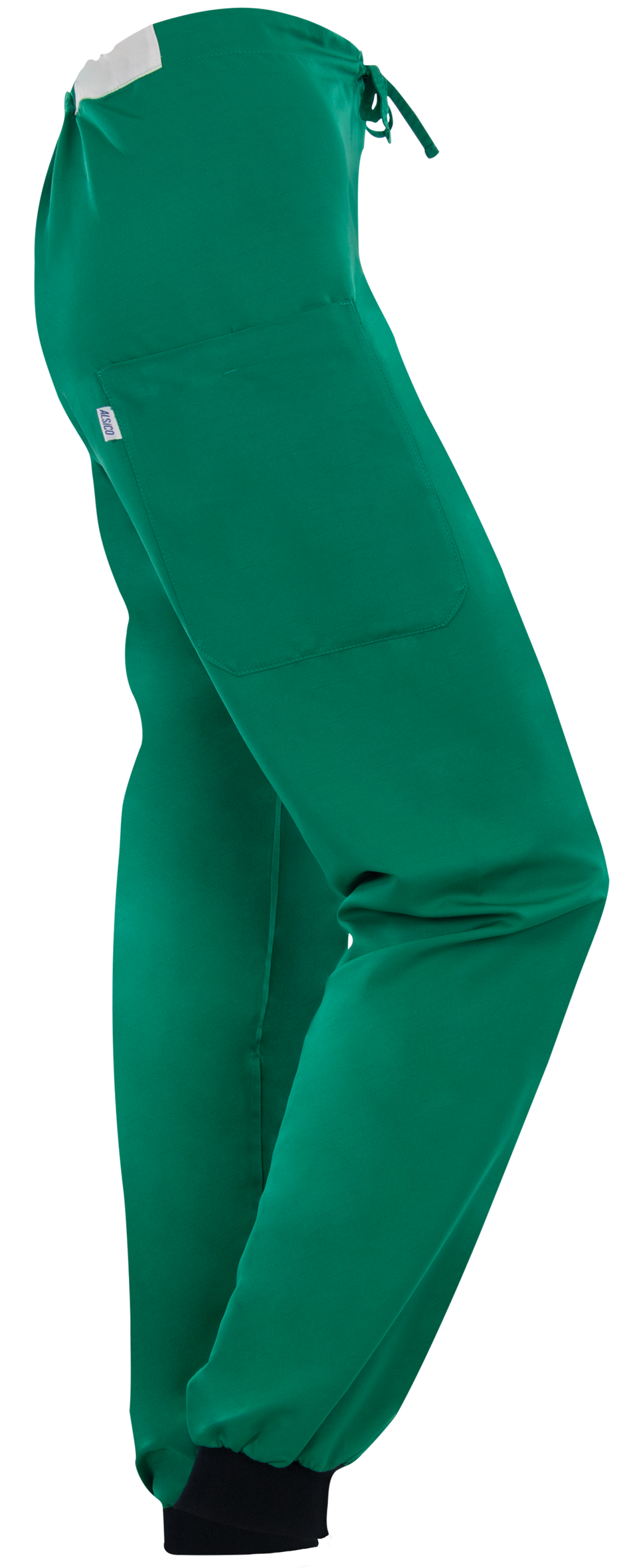 Alsico OK pantalon Rhus deep green met grote zijzak, zachte stof en elastische enkels.