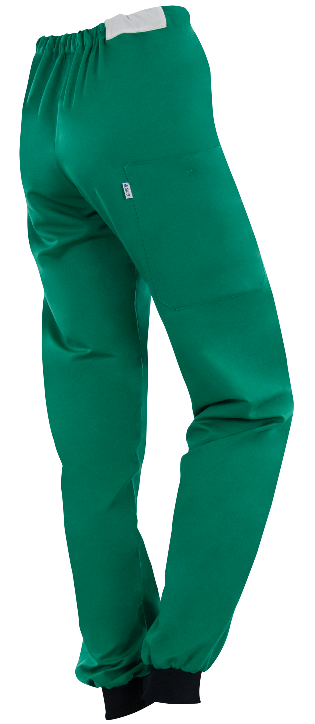 Diepgroene Alsico OK pantalon Rhus met elastische tailleband en ribgebreide boorden, zijzak met label.