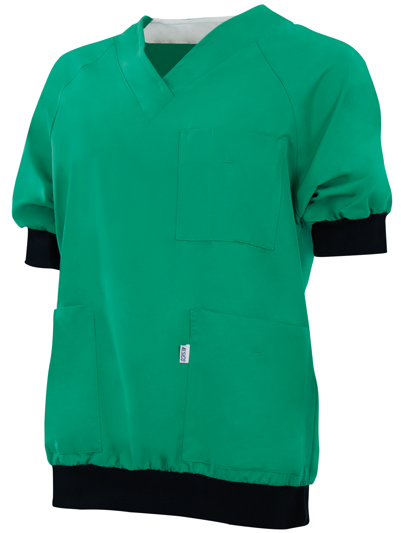 Groene Alsico OK-jas Andreas met V-hals, driekwart mouwen en drie zakken, elastische tailleband.
