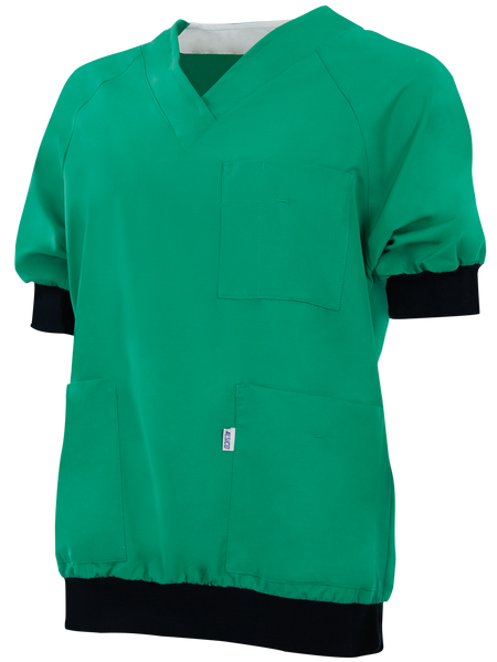 Groene Alsico OK-jas Andreas met V-hals, driekwart mouwen en drie zakken, elastische tailleband.