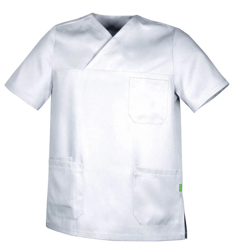 Witte De Berkel ABEL unisex hes van Tencel met korte mouwen, borstzak en twee heupzakken