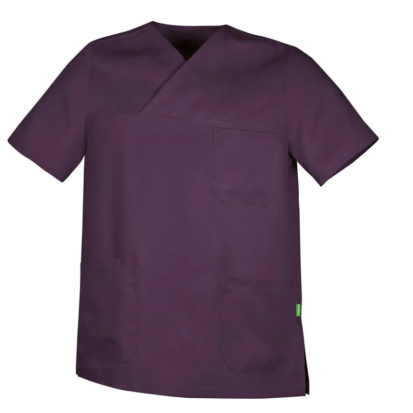 De Berkel ABEL unisex hes Tencel cassis, korte mouwen, V-hals, één borstzak, twee heupzakken