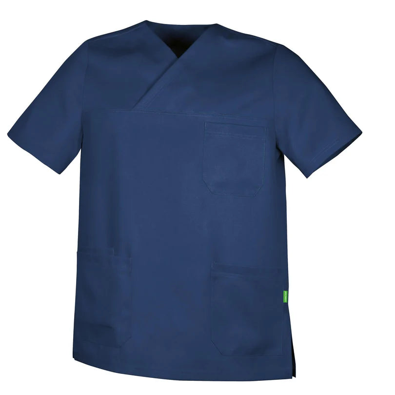 Marineblauw De Berkel ABEL unisex hes van Tencel met V-hals, borstzak en twee voorzakken.