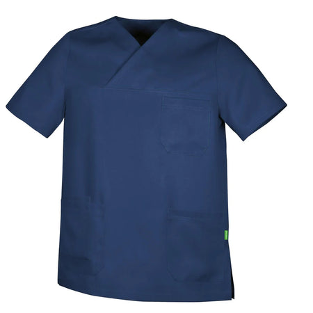 Marineblauw De Berkel ABEL unisex hes van Tencel met V-hals, borstzak en twee voorzakken.