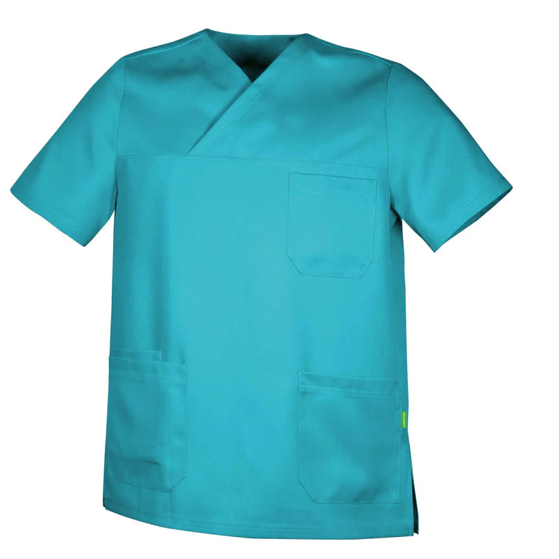 Turquoise De Berkel ABEL unisex hes van Tencel met V-hals en drie zakken, korte mouwen.