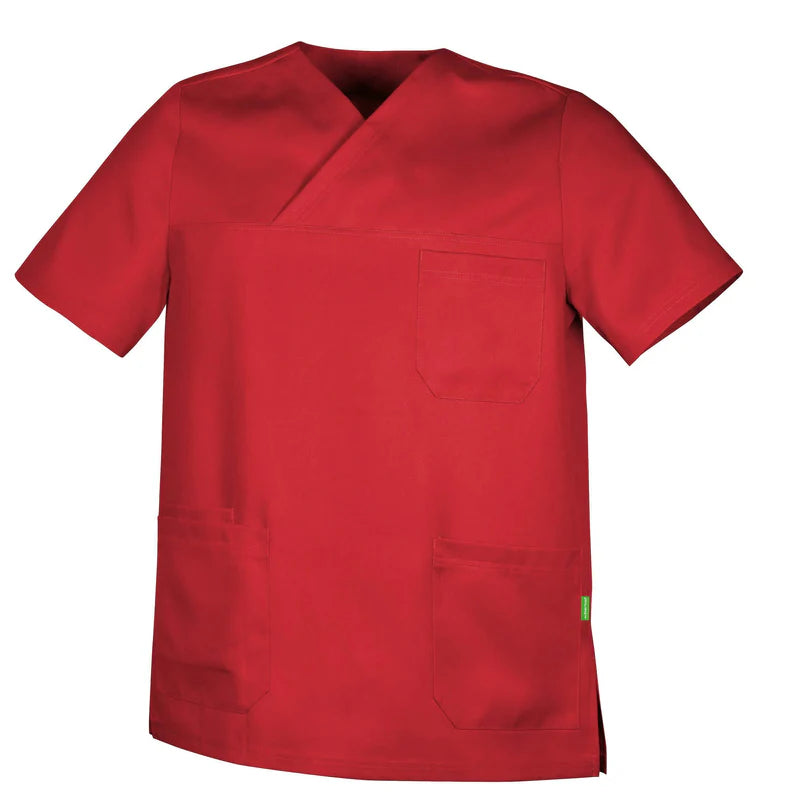 Rode De Berkel ABEL unisex hes van Tencel met V-hals en borstzak, korte mouwen en twee voorzakken.