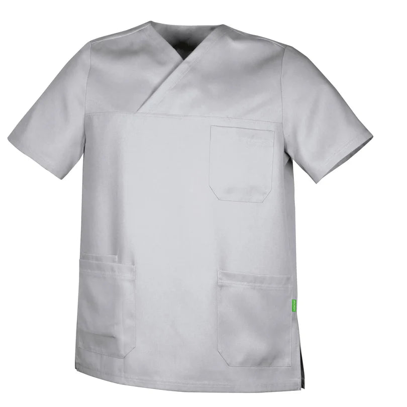 Lichtgrijze De Berkel ABEL unisex hes Tencel met korte mouwen, borstzak en twee voorzakken, V-hals design.