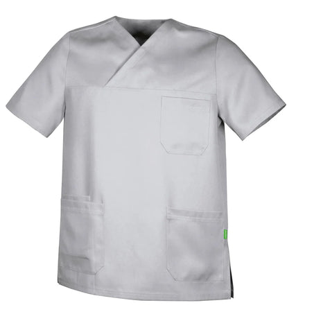 Lichtgrijze De Berkel ABEL unisex hes Tencel met korte mouwen, borstzak en twee voorzakken, V-hals design.