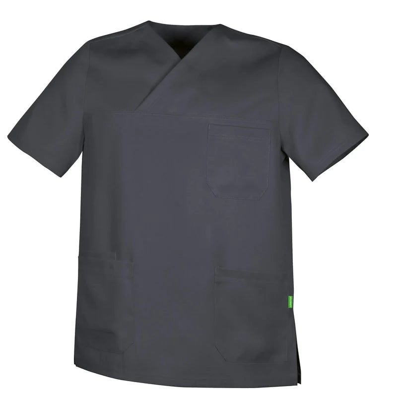 De Berkel ABEL unisex hes, antracietkleur, met V-hals, borstzak en twee steekzakken, gemaakt van Tencel stof.