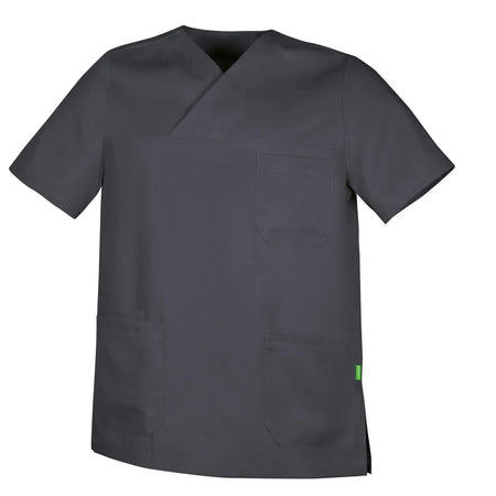 De Berkel ABEL unisex hes, antracietkleur, met V-hals, borstzak en twee steekzakken, gemaakt van Tencel stof.
