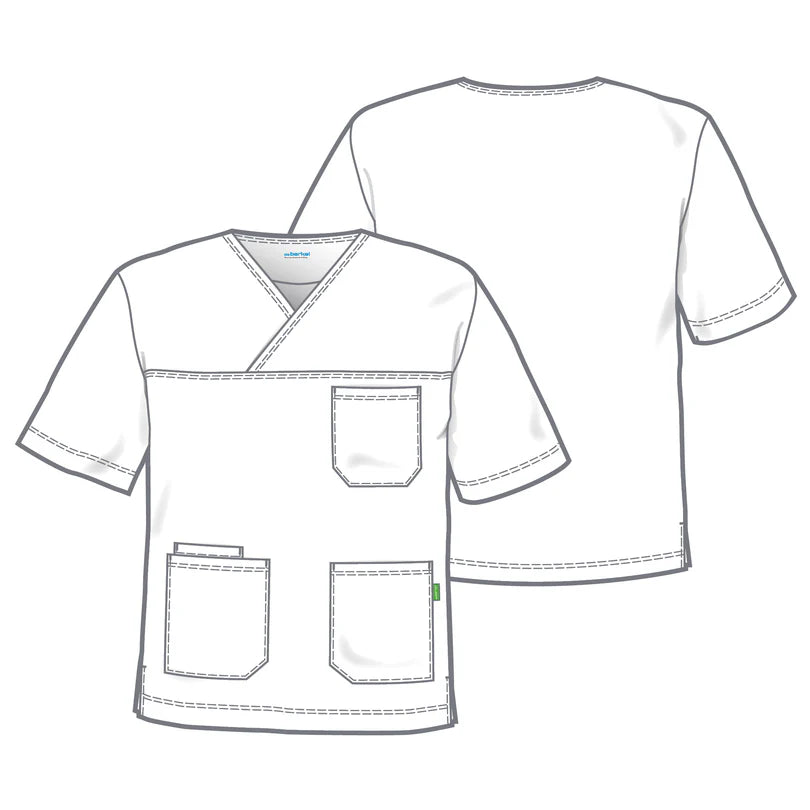 De Berkel ABEL wit unisex hes met V-hals, driedubbele zakken en Tencel stof voor ademend comfort.