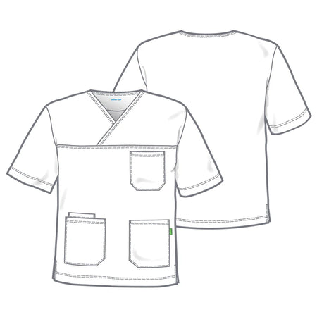 De Berkel ABEL wit unisex hes met V-hals, driedubbele zakken en Tencel stof voor ademend comfort.