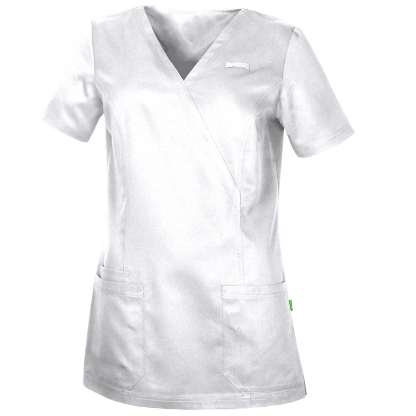 Witte De Berkel ALIDA dameshes van Tencel met korte mouwen, V-hals en twee zakken aan de voorzijde.
