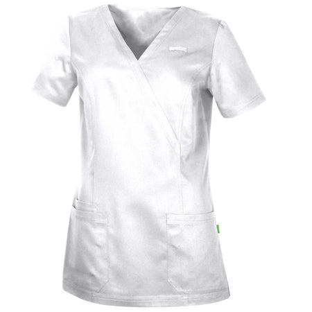 Witte De Berkel ALIDA dameshes van Tencel met korte mouwen, V-hals en twee zakken aan de voorzijde.