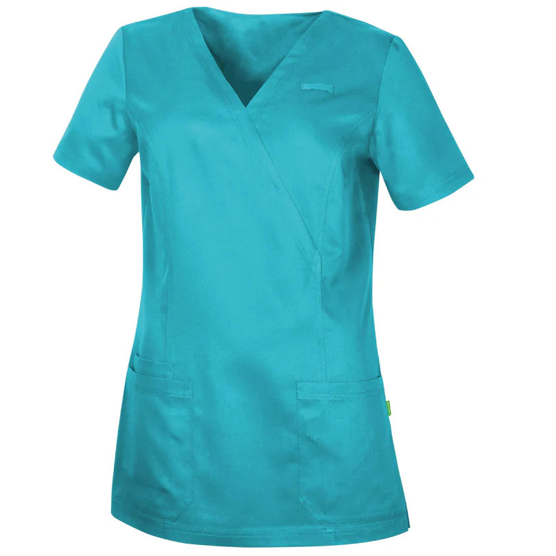Turquoise De Berkel ALIDA dameshes van Tencel met V-hals en twee voorzakken.