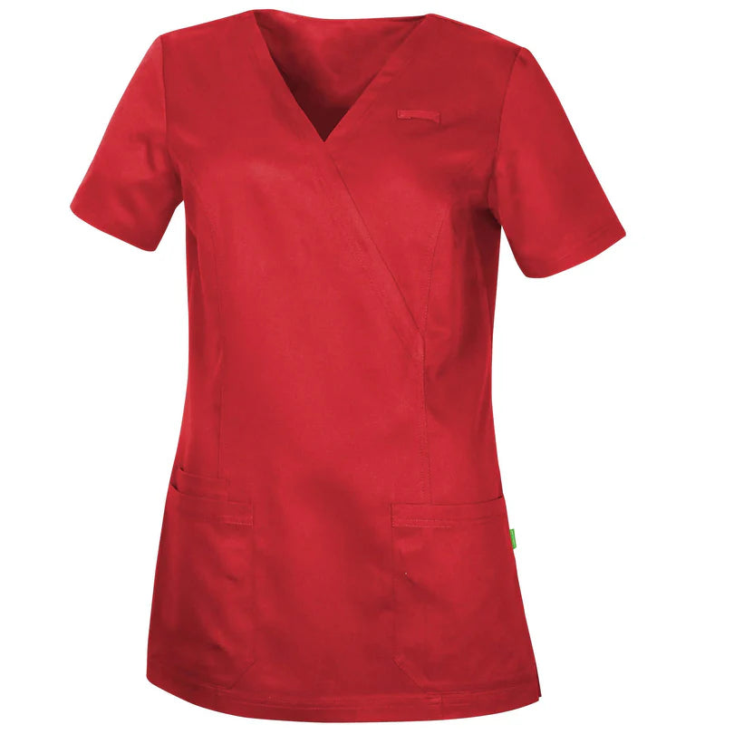 Rode De Berkel ALIDA dameshes van Tencel met V-hals, korte mouwen en zakken aan de voorkant, professioneel en stijlvol.