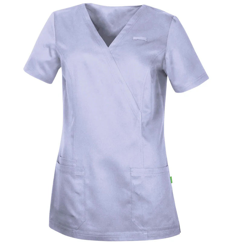 De Berkel ALIDA dameshes lavendel met korte mouwen, V-hals, steekzakken en tencel materiaal.