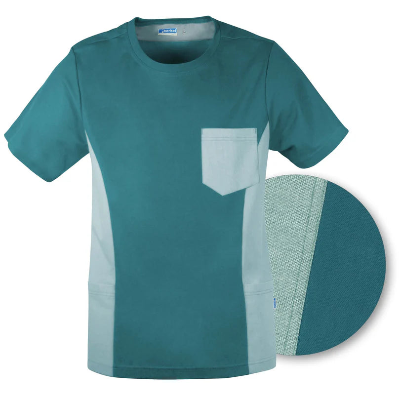 De Berkel FALCO unisex hes petrol, korte mouwen, borstzak, contrasterende panelen, zachte stof.