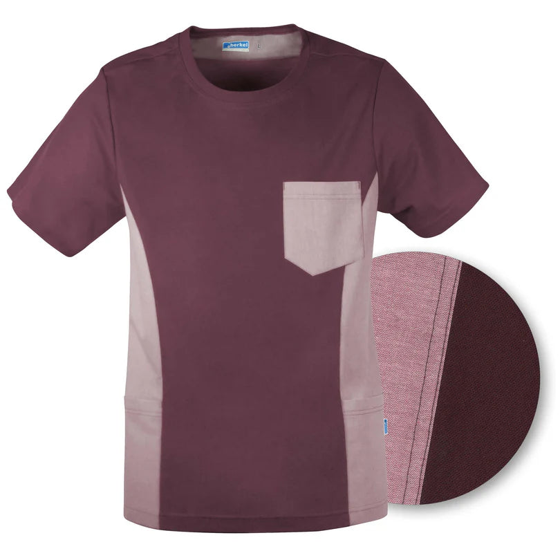 De Berkel FALCO Unisex hes bordeaux met korte mouwen, borstzak en contrasterende zijpanelen in lichtere tint.