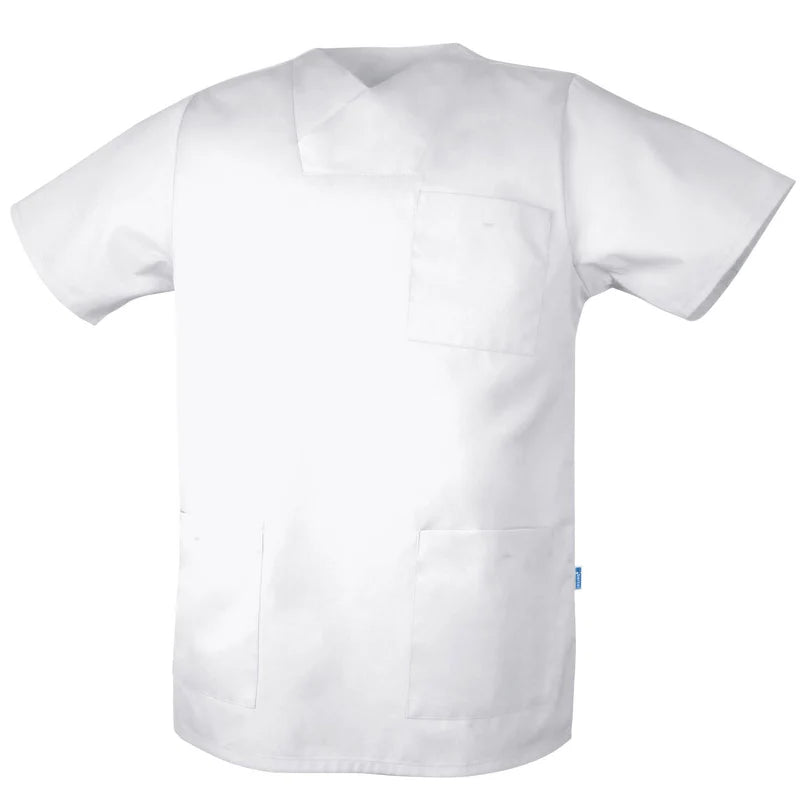 De Berkel DUCO unisex witte hes met korte mouwen, V-hals en zakken.