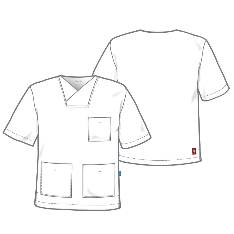 Witte De Berkel DUCO unisex hes met korte mouwen, drie zakken en V-hals, geschikt voor medisch gebruik.