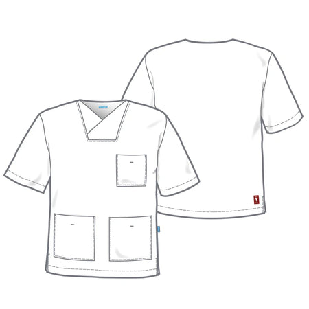 Witte De Berkel DUCO unisex hes met korte mouwen, drie zakken en V-hals, geschikt voor medisch gebruik.