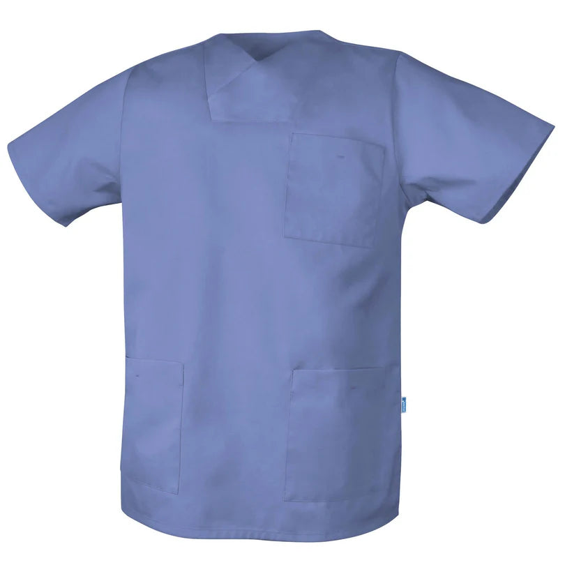 Lichtblauw De Berkel DIRK unisex hes met korte mouwen, borstzak en twee steekzakken, gemaakt van soepel materiaal.