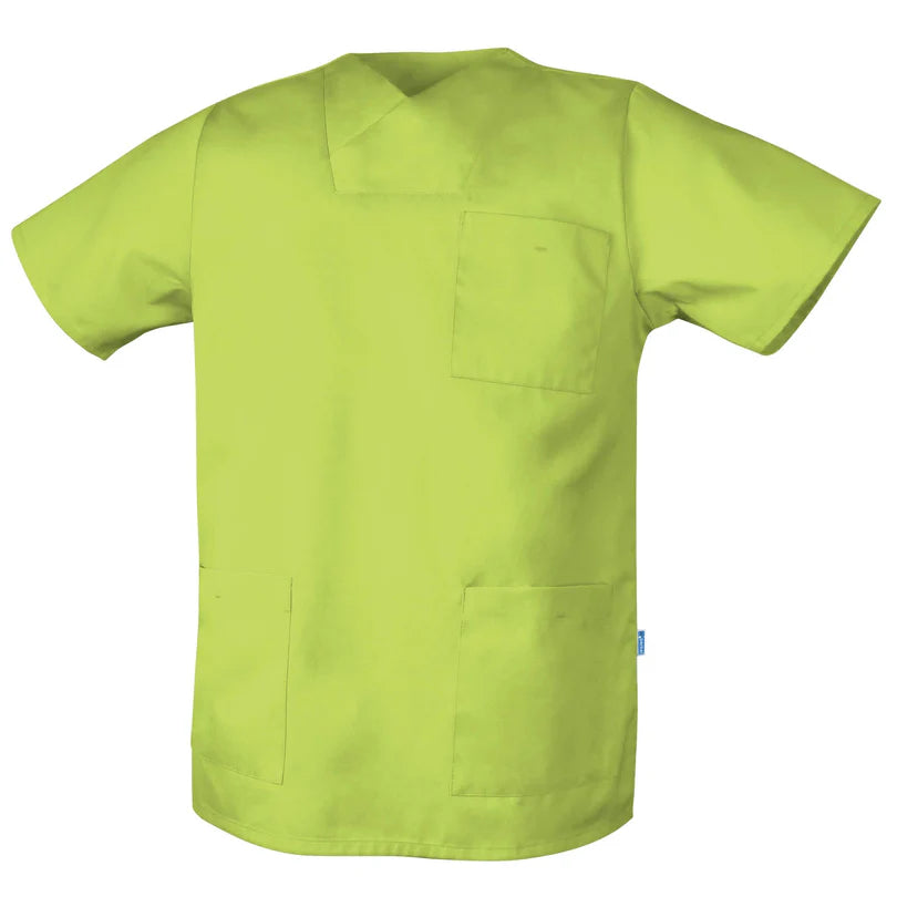 De Berkel DIRK unisex hes in anijsgroen met V-hals, korte mouwen en drie zakken, gemaakt van soepel materiaal.