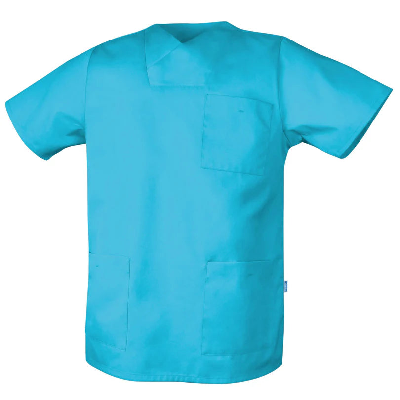 De Berkel DIRK unisex hes in turquoise met korte mouwen, borstzak en twee heupzakken.