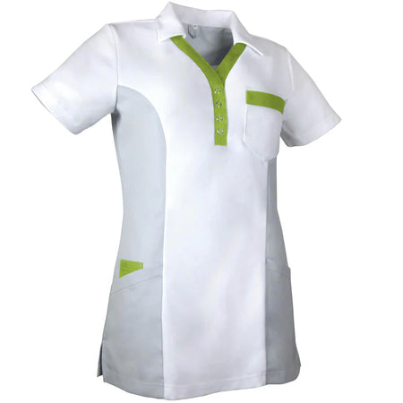 Witte De Berkel BIBI damespolo met grijze en kiwigroene accenten, borstzak en knoopsluiting.