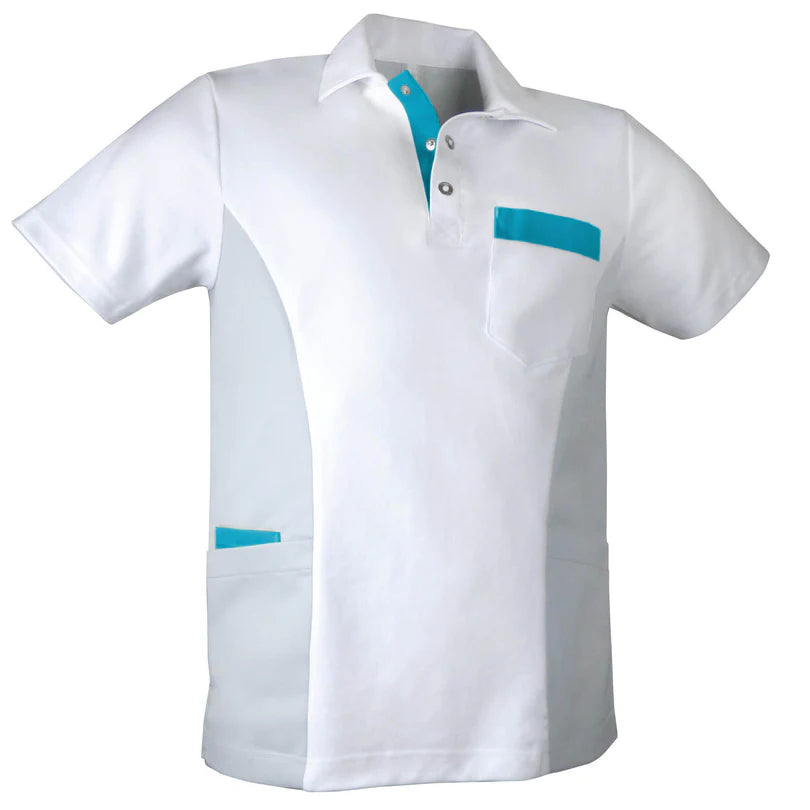 De Berkel BRUNO polo wit met grijze en turquoise accenten, borstzak en dubbele heupzakken.