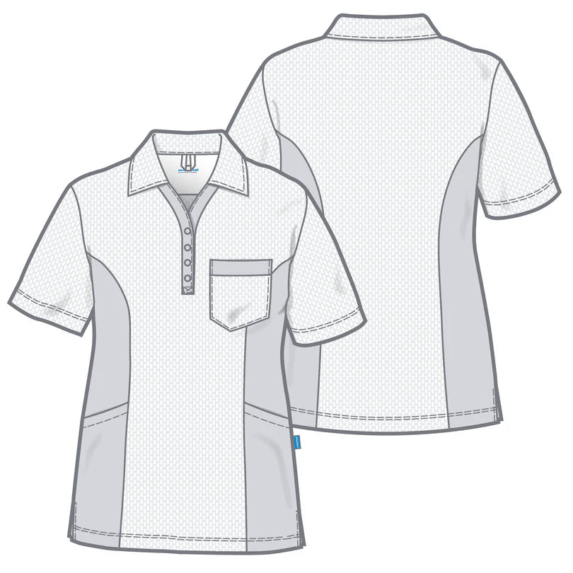 De Berkel DILIA dames polo wit met groene accenten, borstzak, korte mouwen en knoopsluiting.