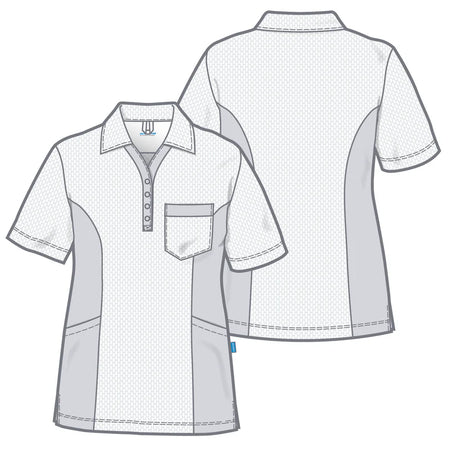 De Berkel DILIA dames polo wit met groene accenten, borstzak, korte mouwen en knoopsluiting.