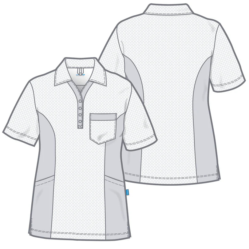 De Berkel DANA dames polo rood met grijze zijpanelen, borstzak en korte mouwen.