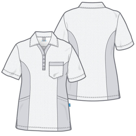 De Berkel DANA dames polo rood met grijze zijpanelen, borstzak en korte mouwen.