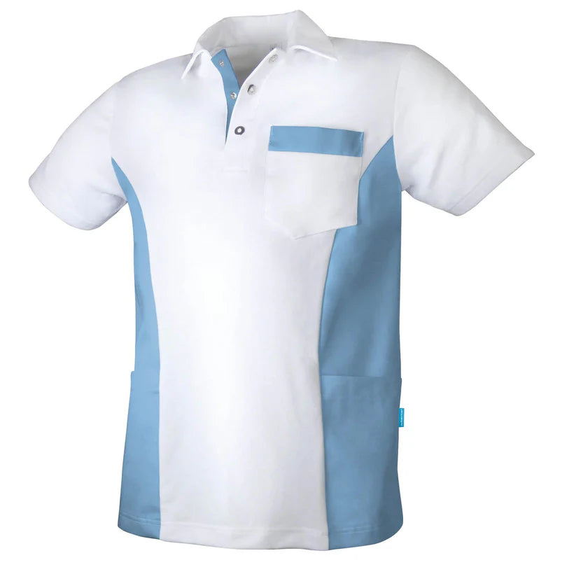 De Berkel DETLEF unisex polo wit met azuurblauwe panelen en borstzak, korte mouwen en knoopsluiting