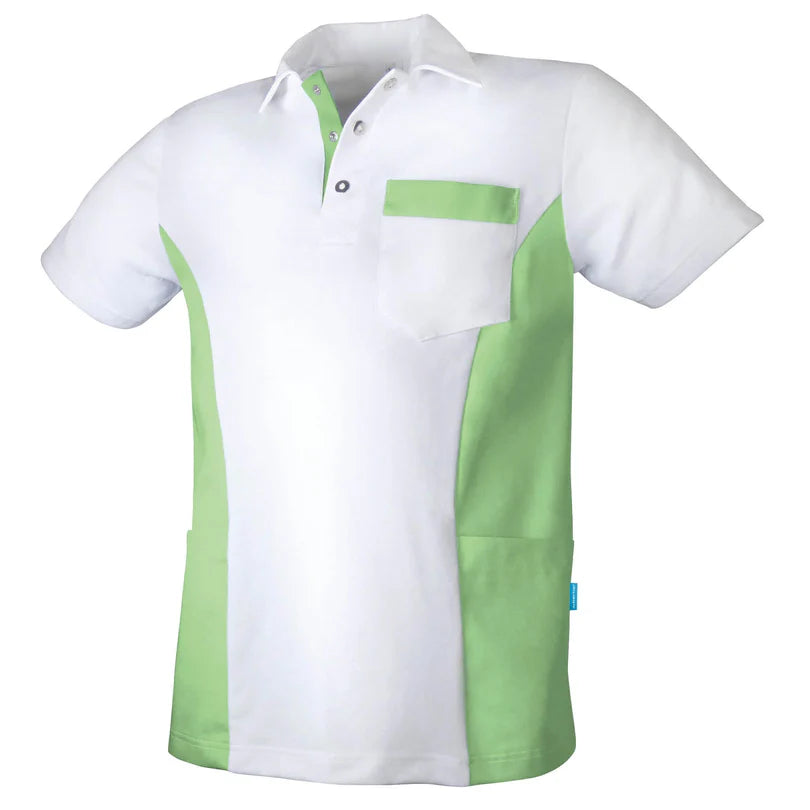 Wit/groene De Berkel DETLEF unisex polo met borstzak en contrasterende groene biezen, knopen bij de hals.