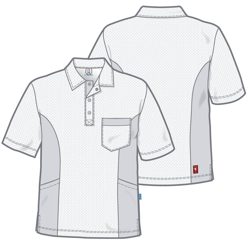 De Berkel DETLEF unisex polo wit met groene accenten, borstzak, knoopsluiting en zijpanelen.