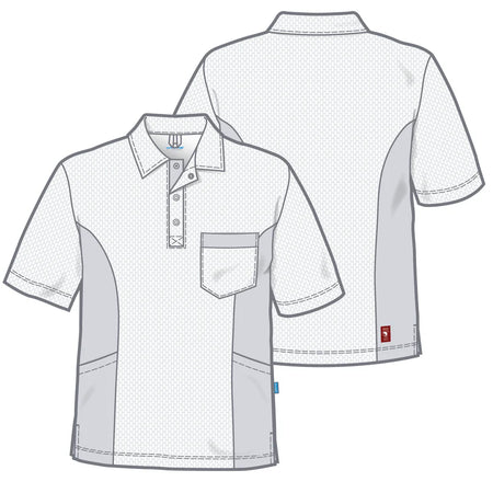 De Berkel DETLEF unisex polo wit met groene accenten, borstzak, knoopsluiting en zijpanelen.