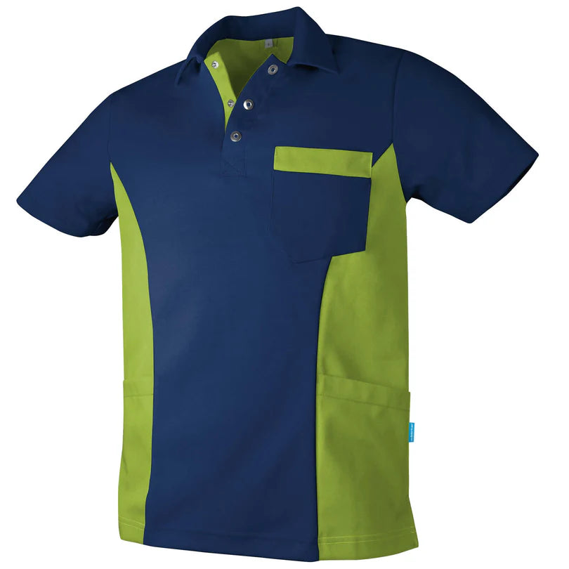 Marineblauwe en kiwigroene De Berkel DIETER unisex polo met borstzak en contrasterende biezen.