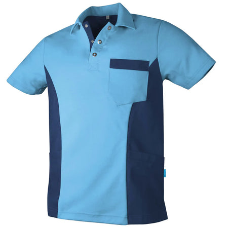 De Berkel DIETER unisex polo in azur en marineblauw, borstzak, knoopsluiting, contrasterende zijpanelen, korte mouwen.