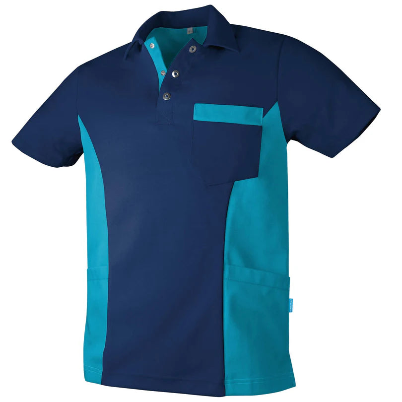 De Berkel DIETER unisex polo in marineblauw en turquoise, borstzak en knopen, gemaakt van een stevige stof.