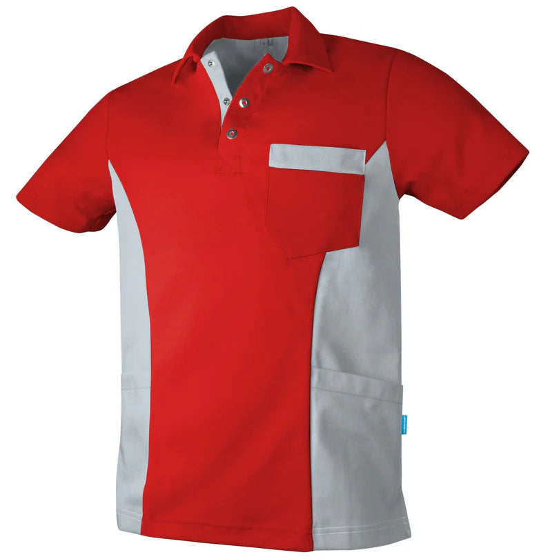 De Berkel DIETER unisex polo rood met grijze accenten en borstzak, korte mouwen, knoopsluiting.