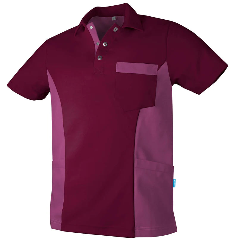 De Berkel DIETER Unisex polo in cassis en donker magenta, borstzak en knoopsluiting, gemaakt van stevige stof.