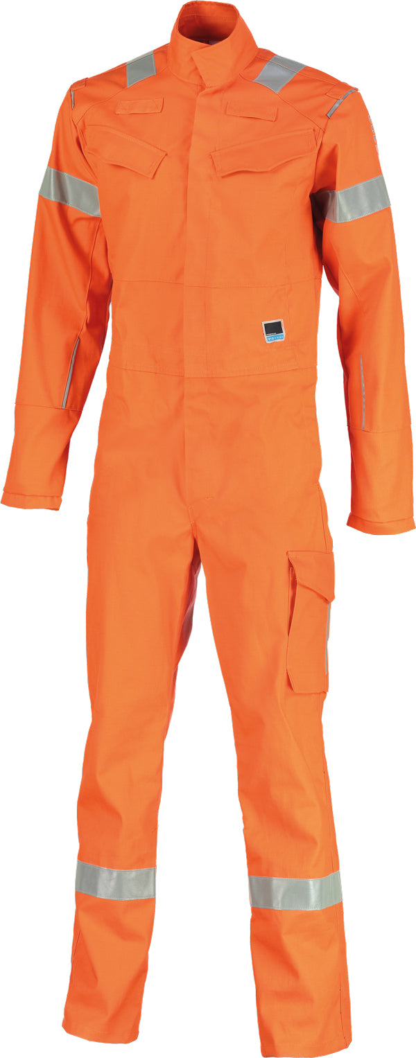 Oranje Orcon PRO X plus overall met reflexstrepen, borstzakken, klepzak en reinkebedrijfskleding label.