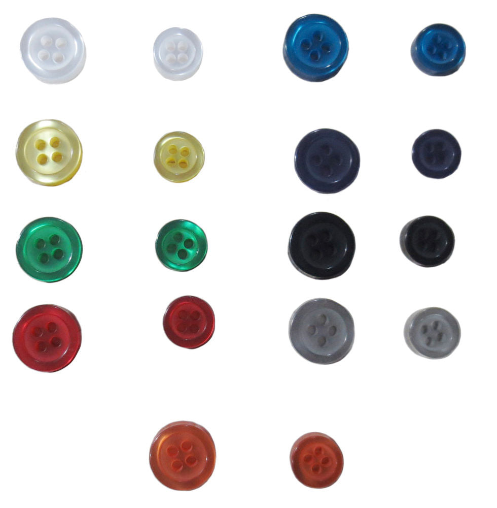 Reinkebedrijfskleding Knopen klein Printer 10-pack, diverse kleuren en maten, ronde viergatsknopen.