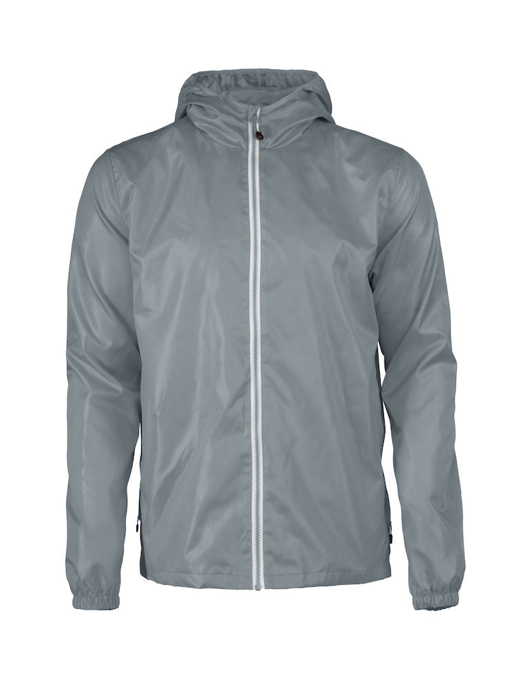 Grijze Reinkebedrijfskleding windbreaker met capuchon, witte rits en elastische mouwuiteinden.