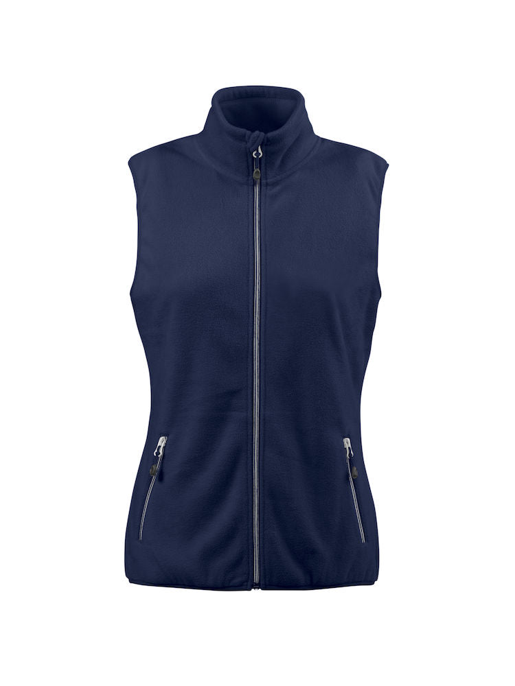 Donkerblauwe reinkebedrijfskleding bodywarmer met hoge kraag, ritssluiting en zijzakken.