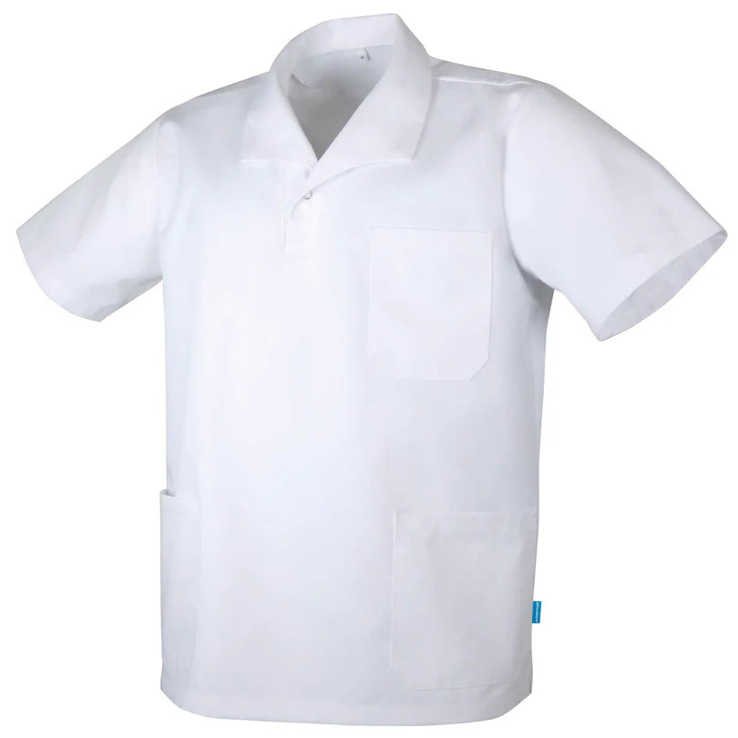 Witte De Berkel FRITZ unisex hes met korte mouw, twee zakken en kraag, ideaal voor medische omgevingen.