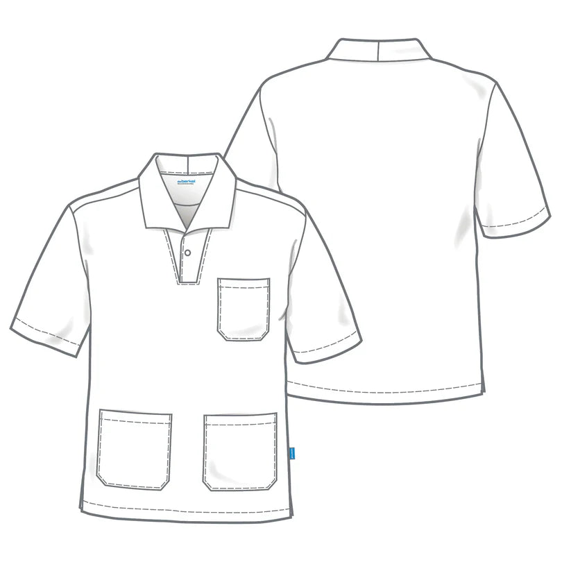 Witte De Berkel FRITZ unisex hes met korte mouwen, borstzak en twee voorzakken, stevige stof.